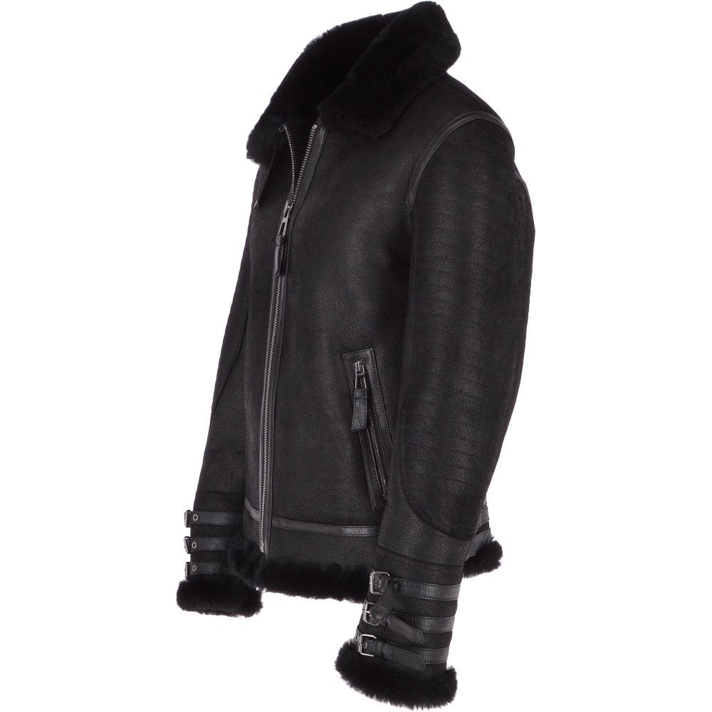 Men’s Black Aviator Flying Bomber Shearling Leather Jacket