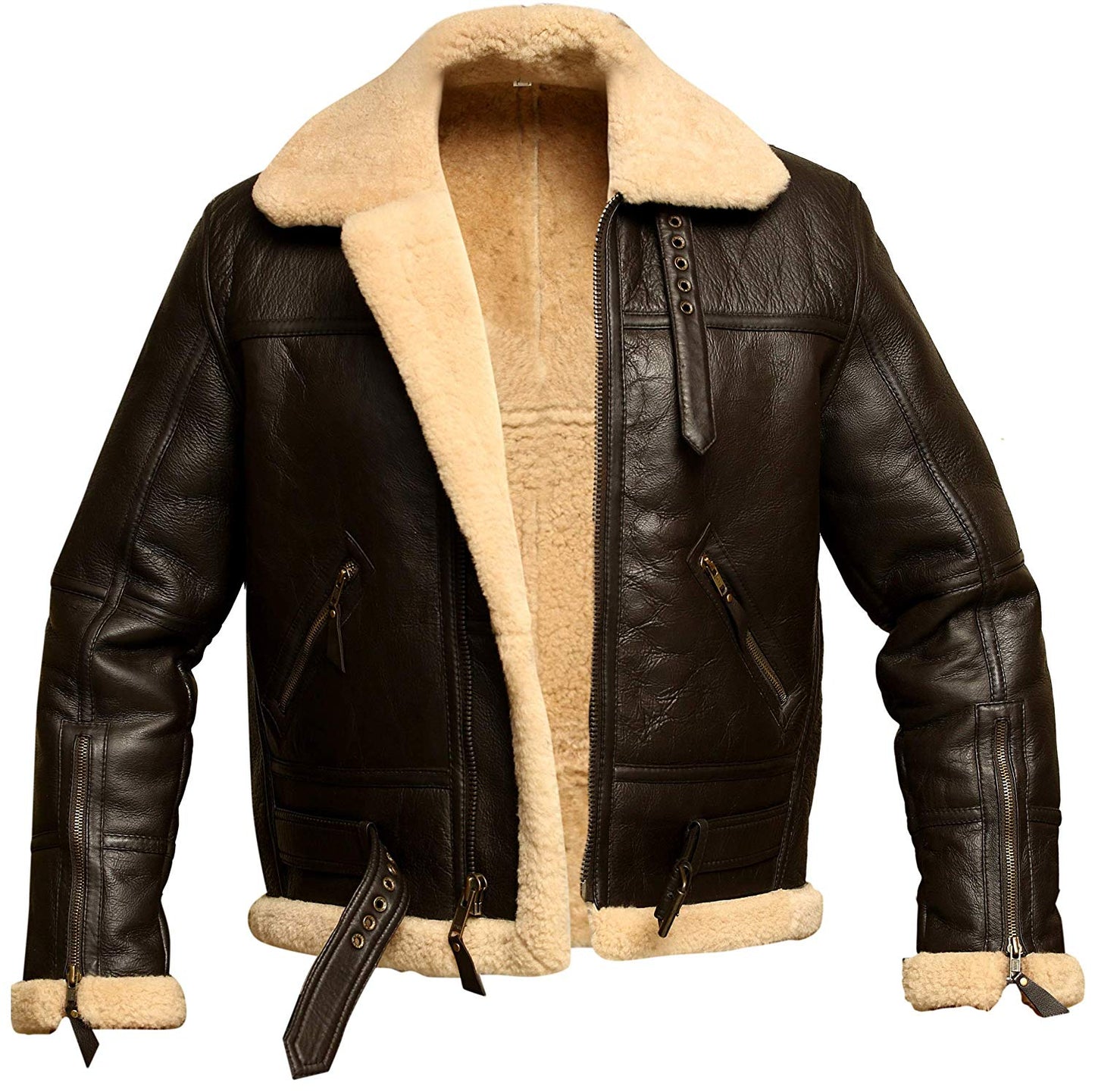 Men’s Brown B3 RAF Aviator Bomber Shearling Real Sheepskin Leather Jacket