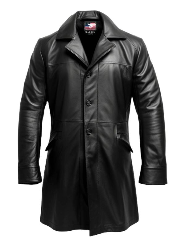 Men’s Flap Pocket Black Leather Coat
