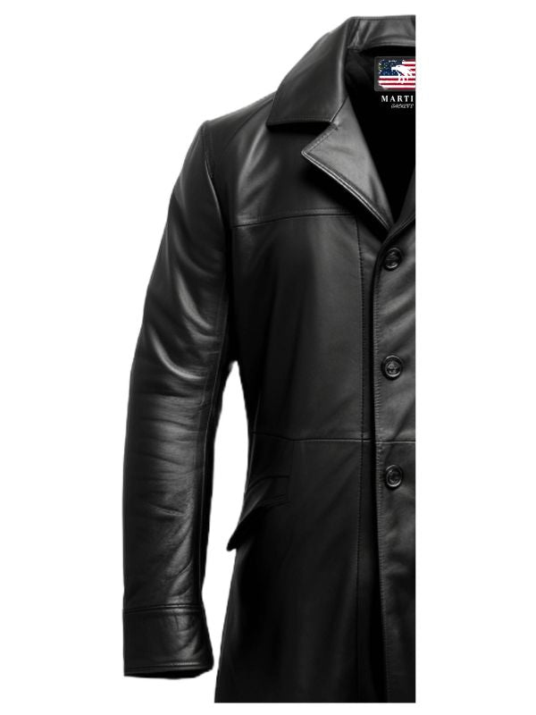 Men’s Flap Pocket Black Leather Coat