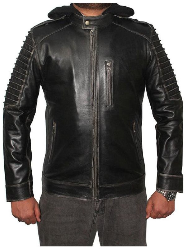 Men Hooded Distressed Ghost Leather Jacket – Black