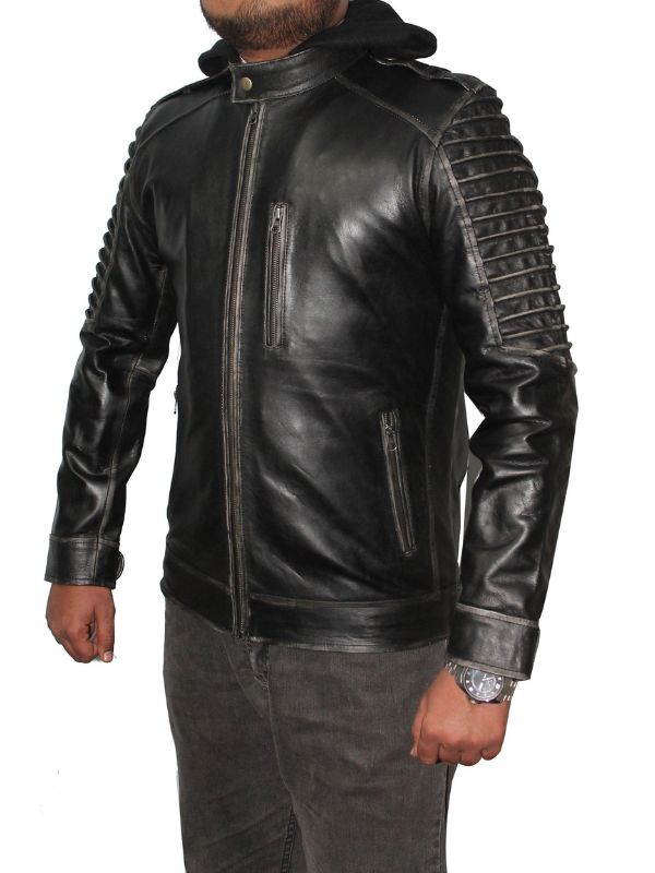 Men Hooded Distressed Ghost Leather Jacket – Black
