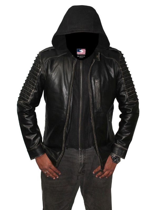 Men Hooded Distressed Ghost Leather Jacket – Black