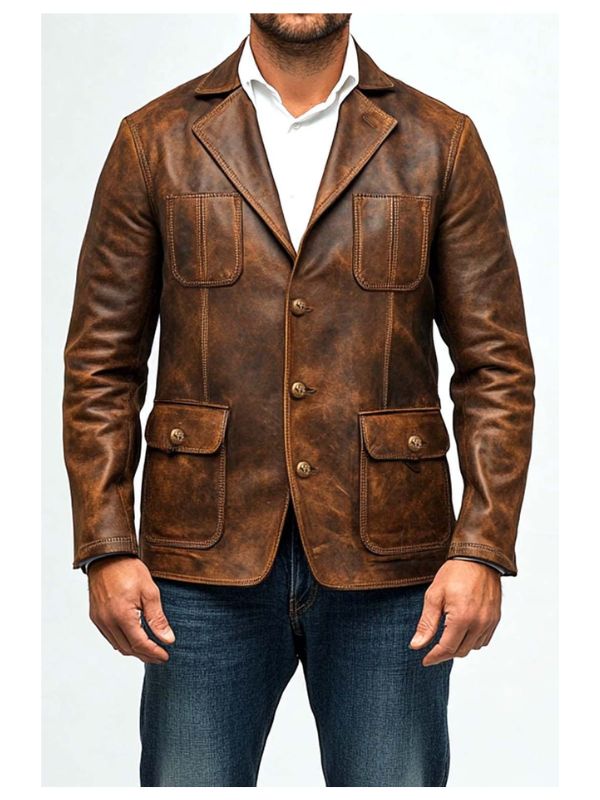 Men’s Premium Brown Distressed Leather Blazer