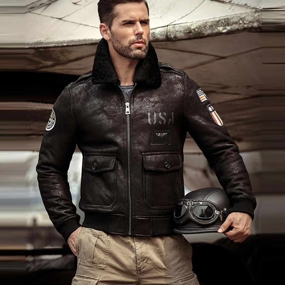 Men’s RAF B3 Sheepskin Suede Black Leather Shearling Bomber Jacket