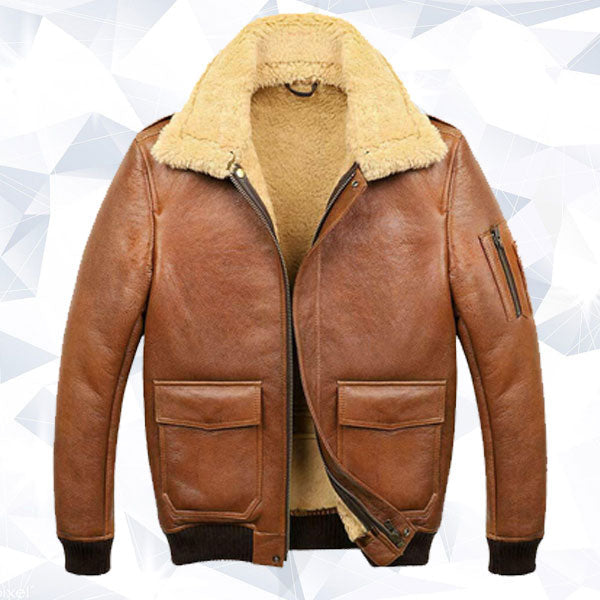 Men’s Aviator Camel Brown A2 Fur Shearling Leather Bomber Jacket