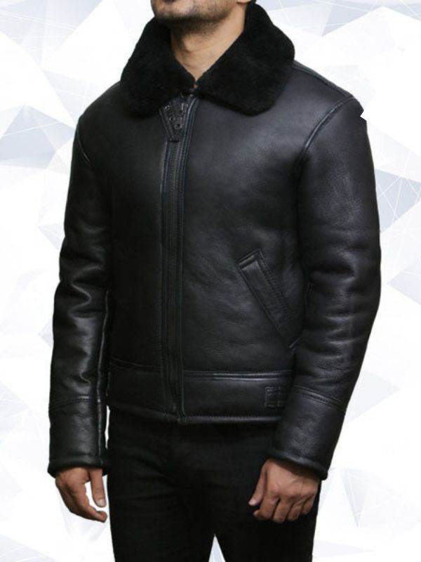 Men’s Black Aviator B3 Real Shearling Sheepskin Leather Bomber Flying Pilot Jacket
