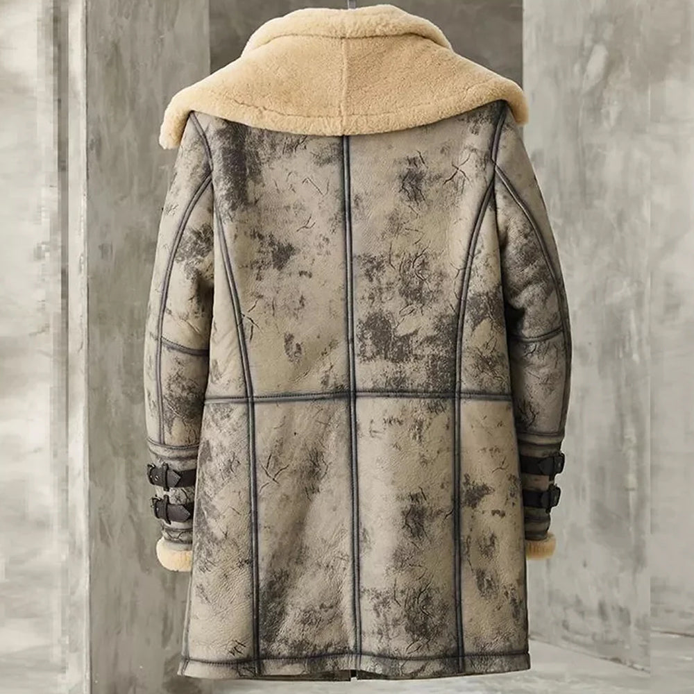 Mens Waxed B3 RAF Flying Double Collar Sheepskin Shearling Leather Long Jacket Coat