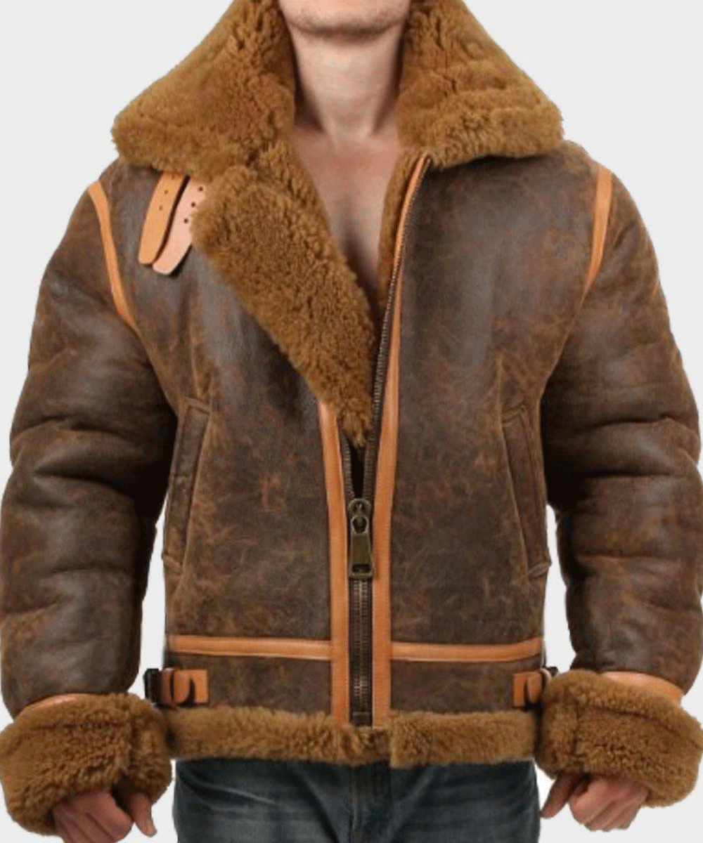 Men’s Aviator Distressed Leather Shearling Jacket