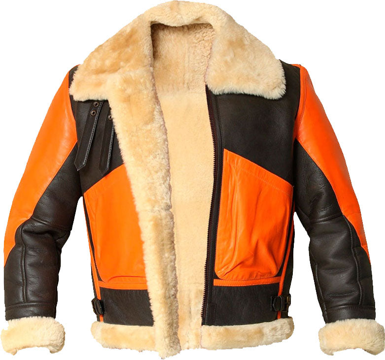 Mens Brown Real Bomber Leather Jacket With Fur