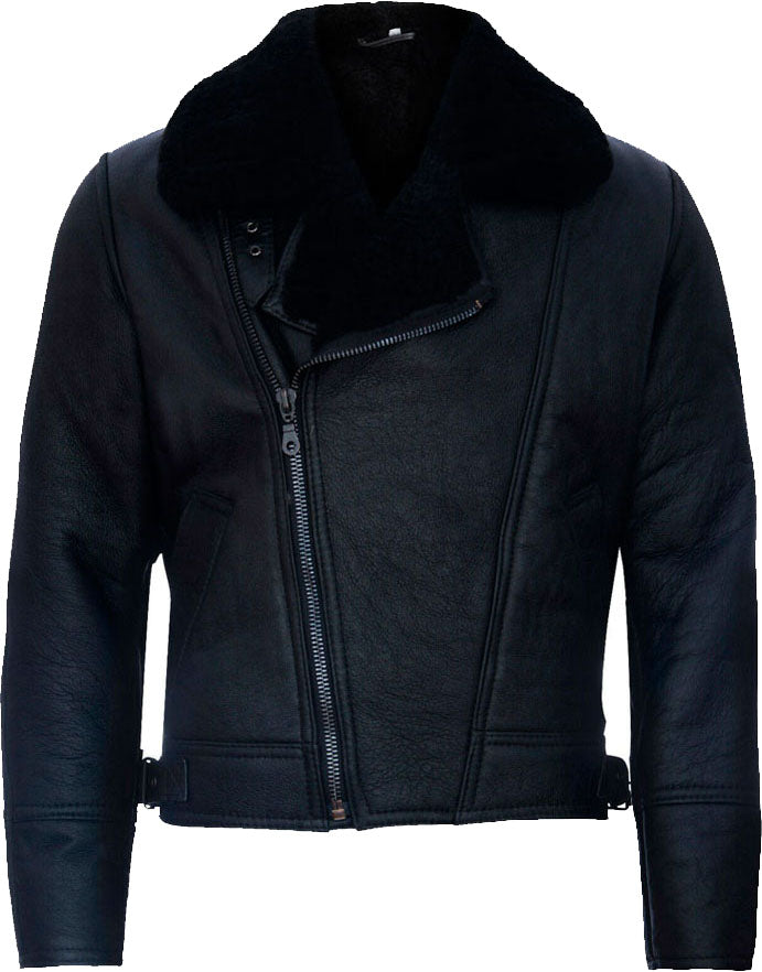 Men’s Cross Zip Black Leather Jacket With Fur