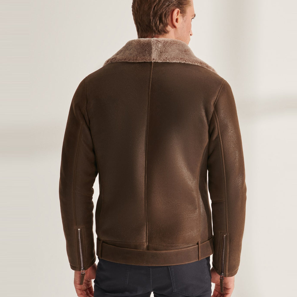 Men’s Brown Biker Shearling Sheepskin Leather Aviator Jacket