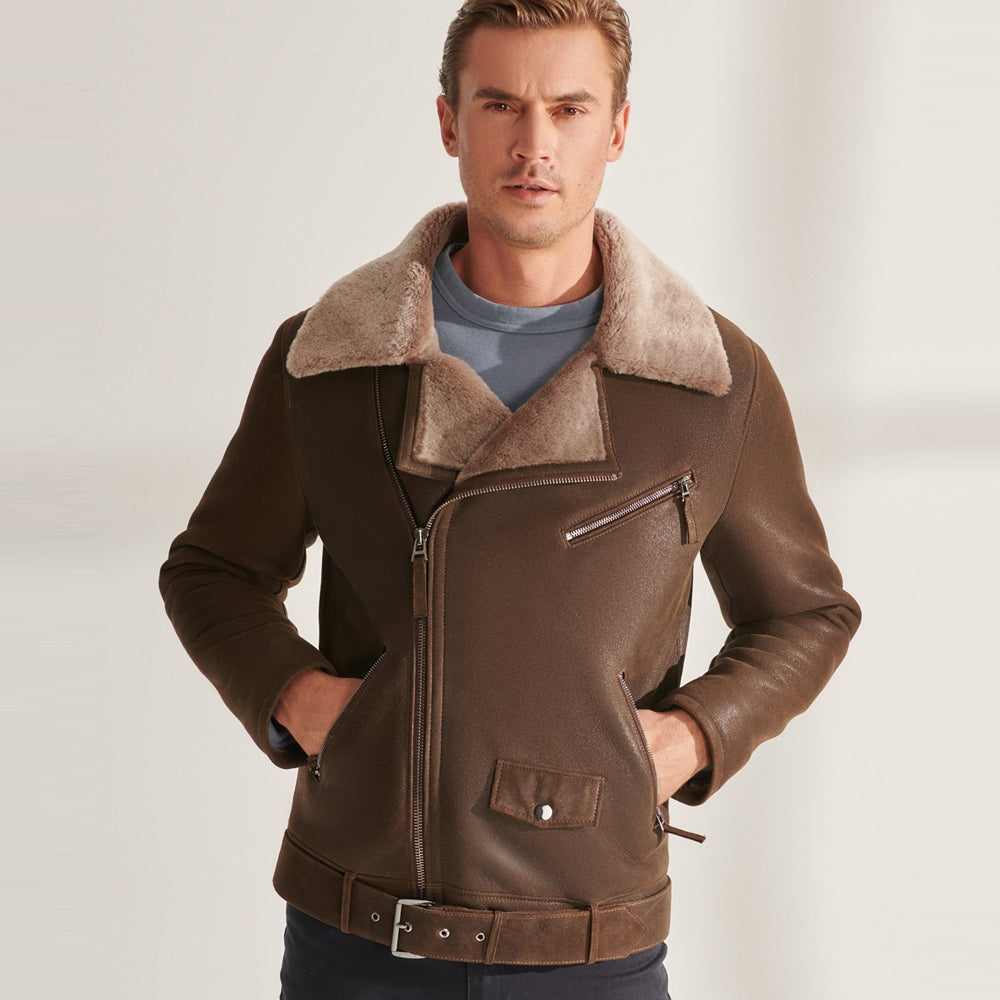Men’s Brown Biker Shearling Sheepskin Leather Aviator Jacket