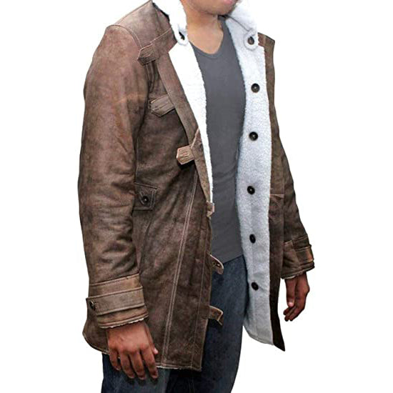 Men’s Shearling Bomber Jacket – Distressed Real Leather Winter Coat for Men