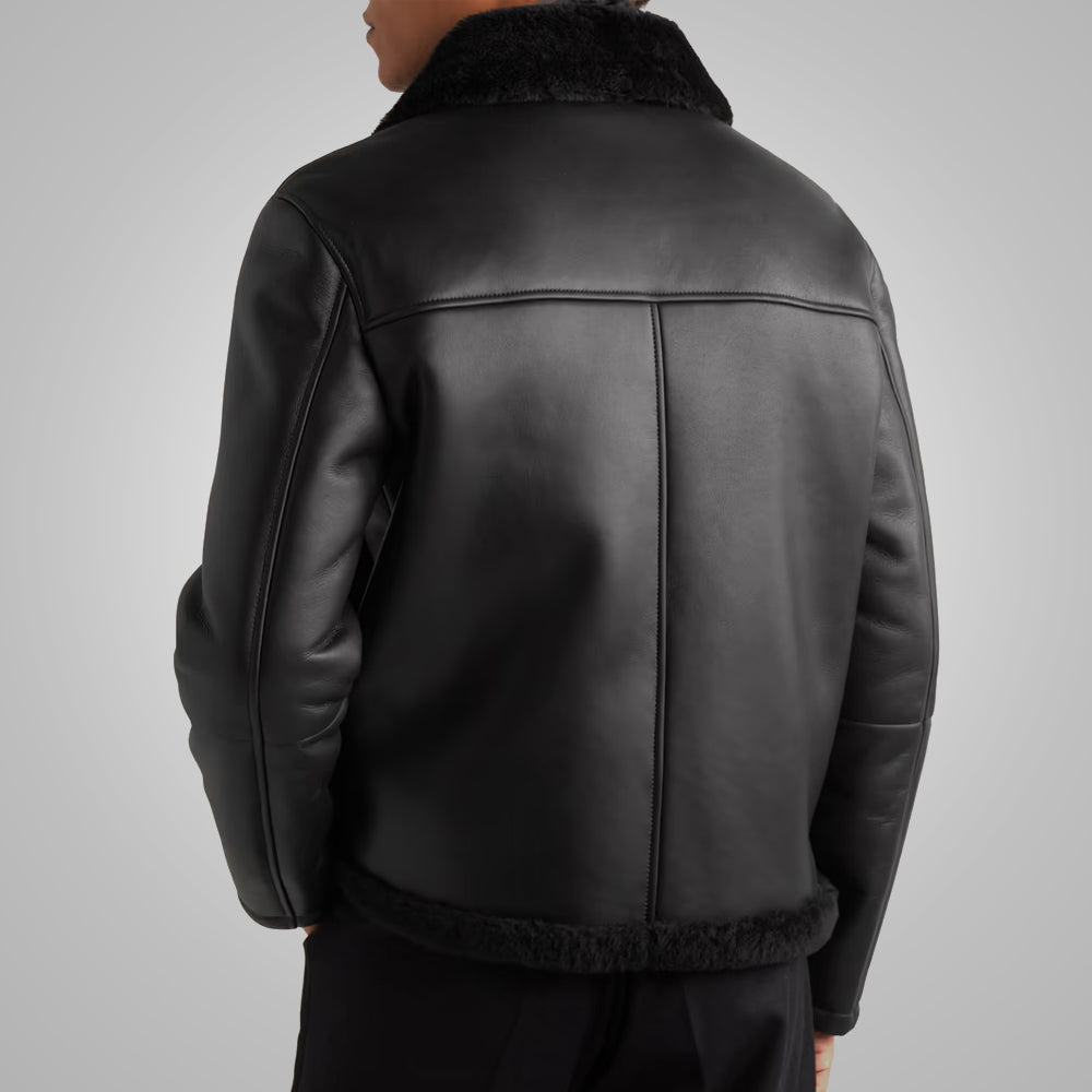 Men's Shearling Lined Leather Black Trucker Jacket