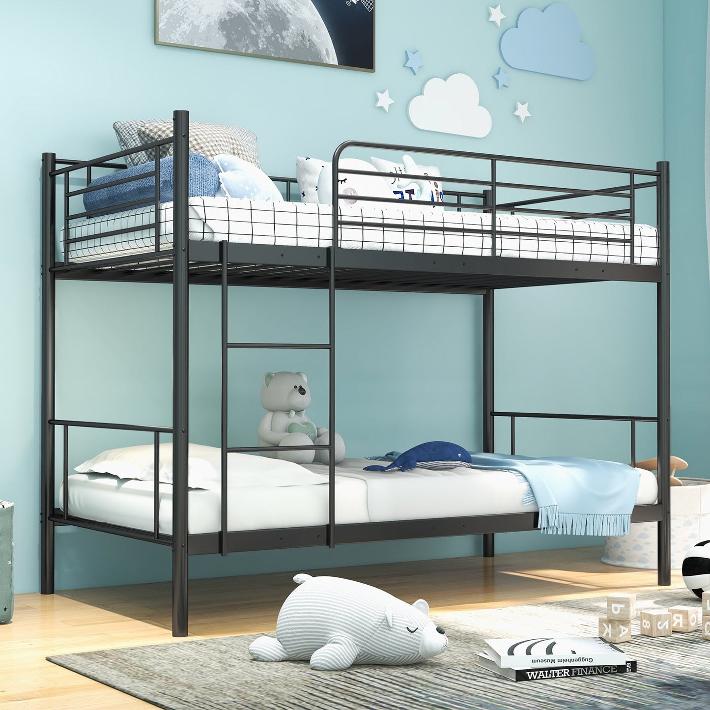 Metal Bunk Bed with Ladder and Full-length Guardrails
