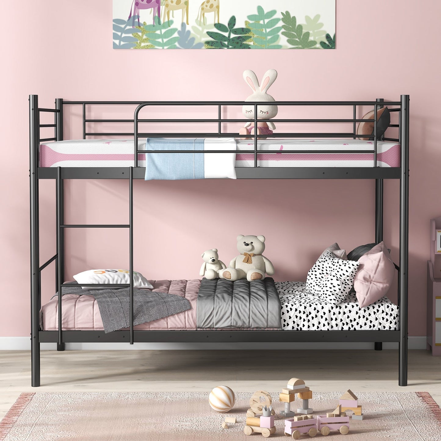 Metal Bunk Bed with Ladder and Full-length Guardrails