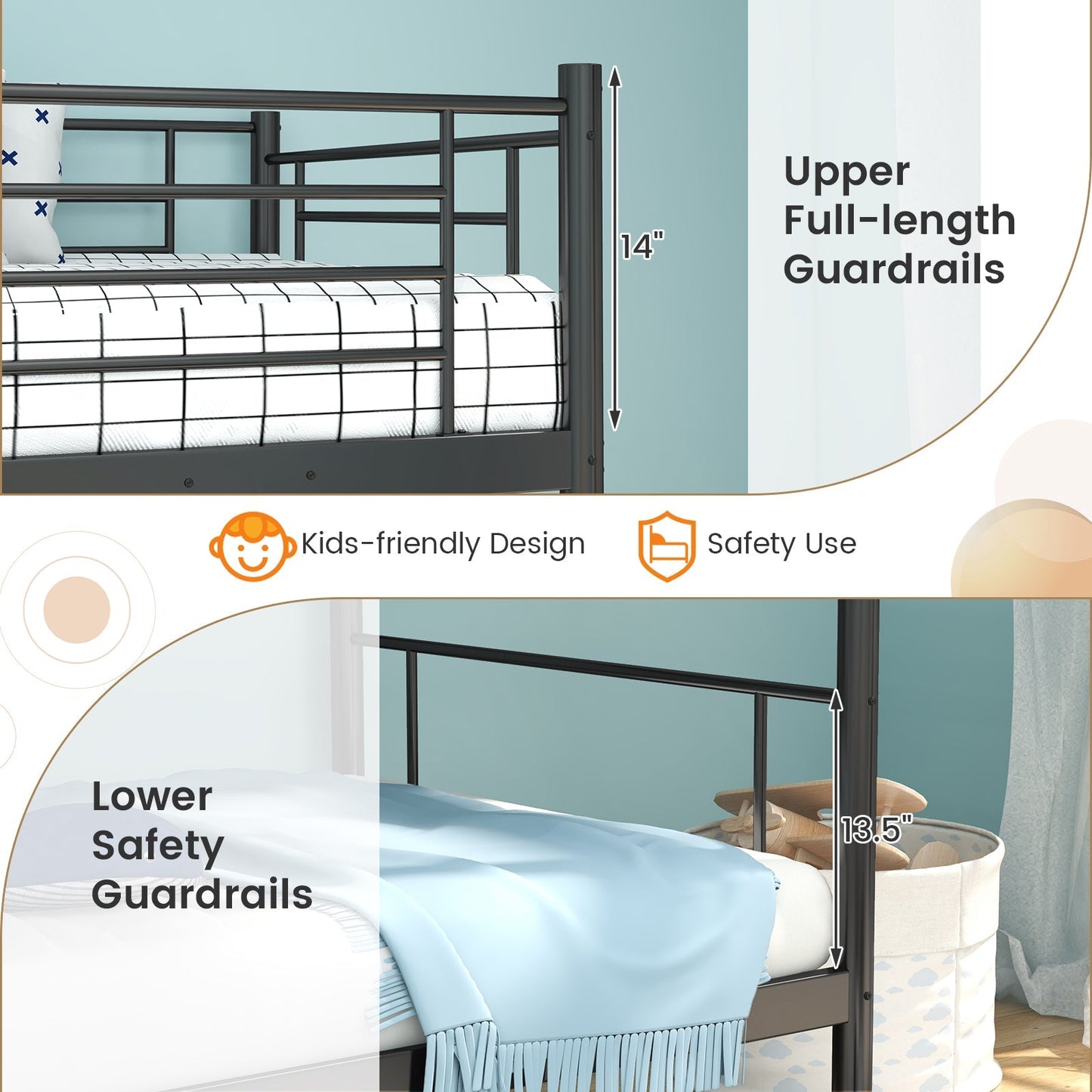 Metal Bunk Bed with Ladder and Full-length Guardrails