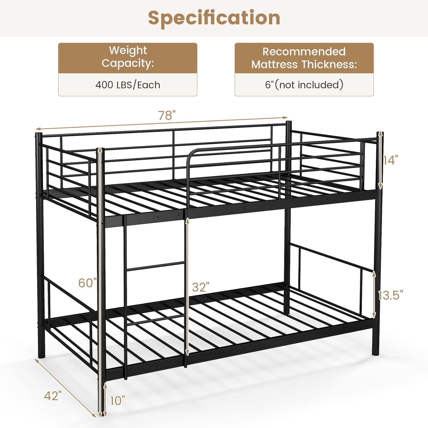 Metal Bunk Bed with Ladder and Full-length Guardrails