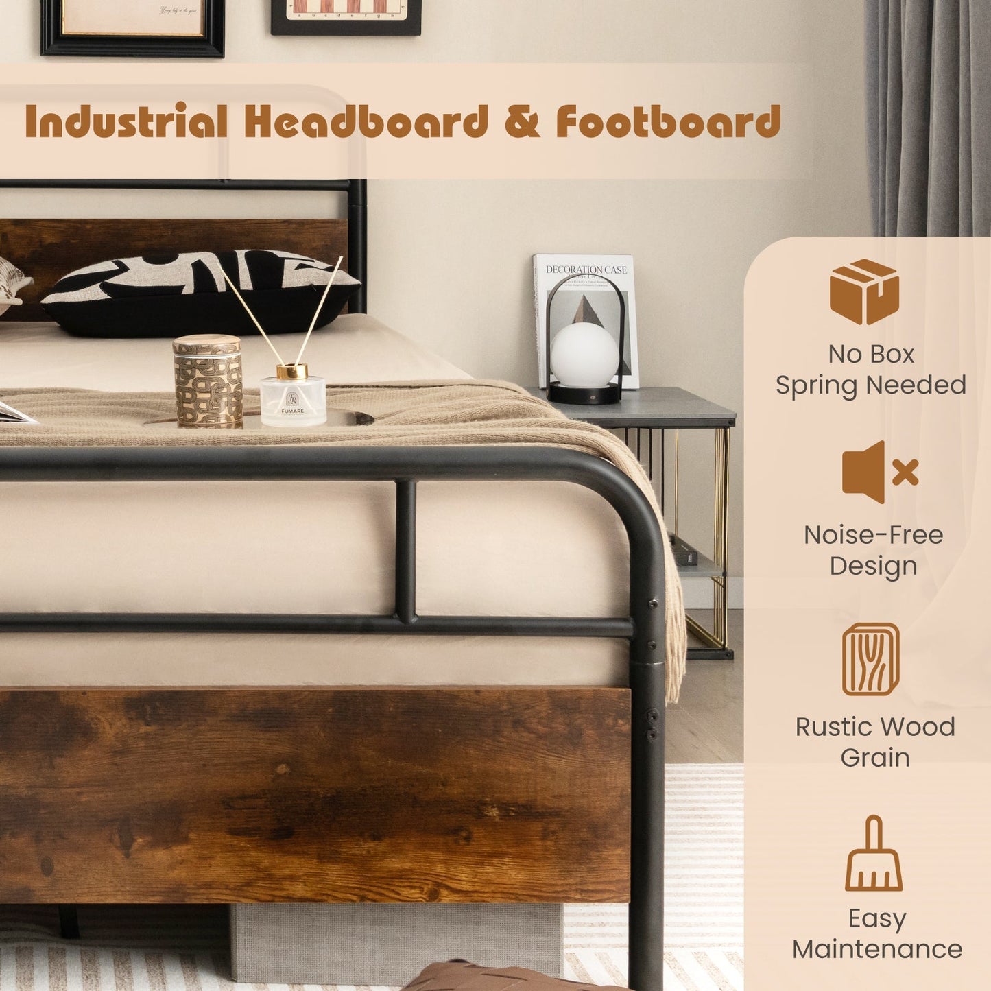 Twin/Full/Queen Size Bed Frame with Industrial Headboard