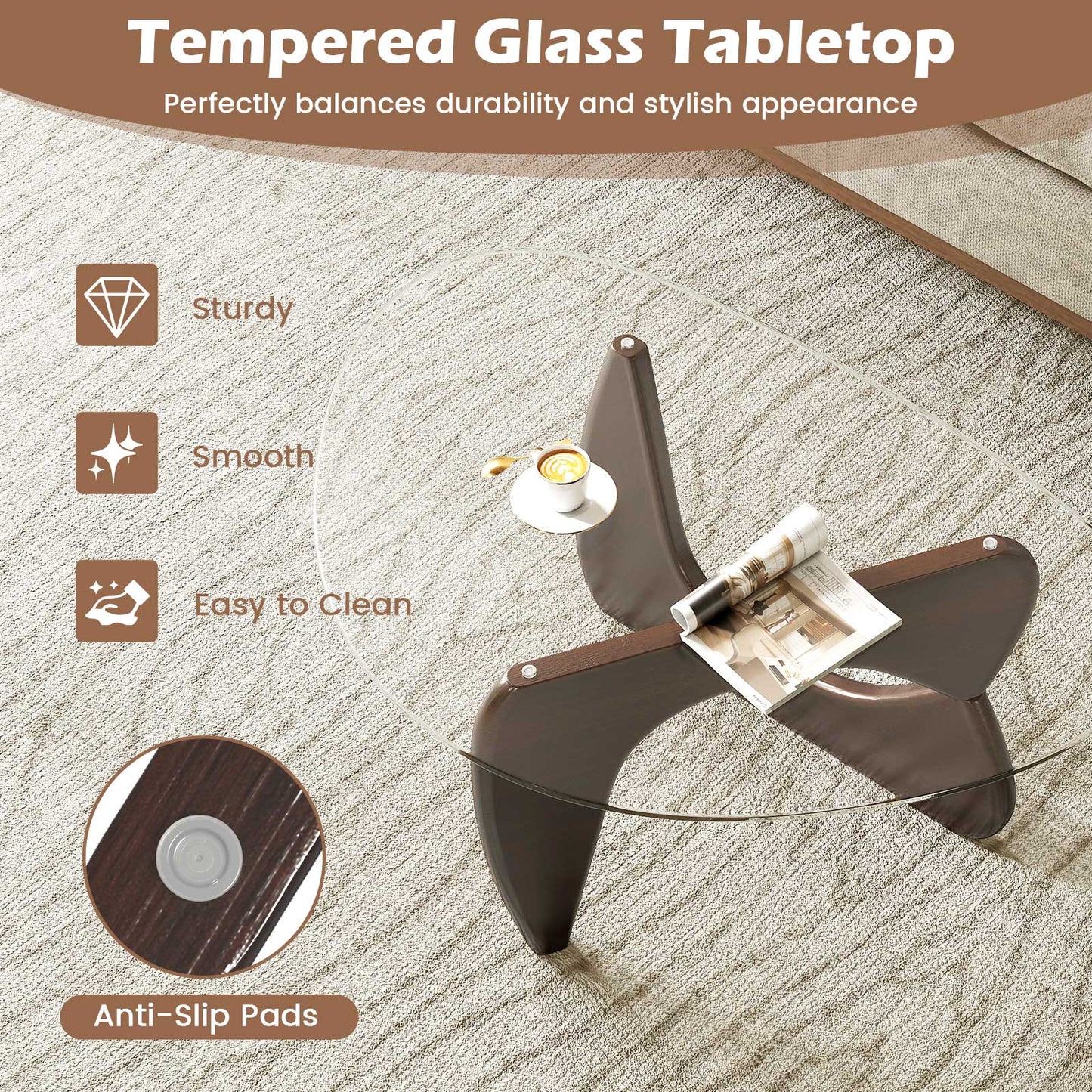 Triangle Coffee Table with Tempered Glass Top and Adjustable Rubber Wood Base