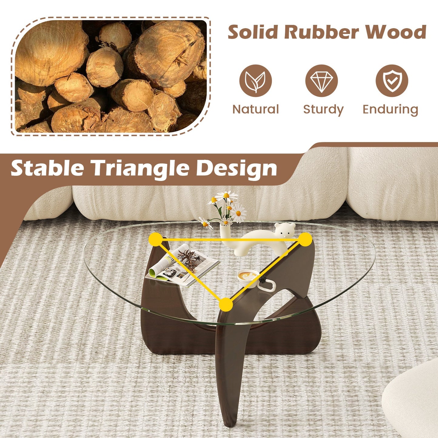 Triangle Coffee Table with Tempered Glass Top and Adjustable Rubber Wood Base