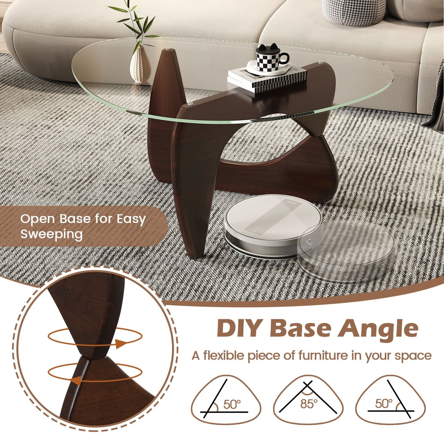 Triangle Coffee Table with Tempered Glass Top and Adjustable Rubber Wood Base