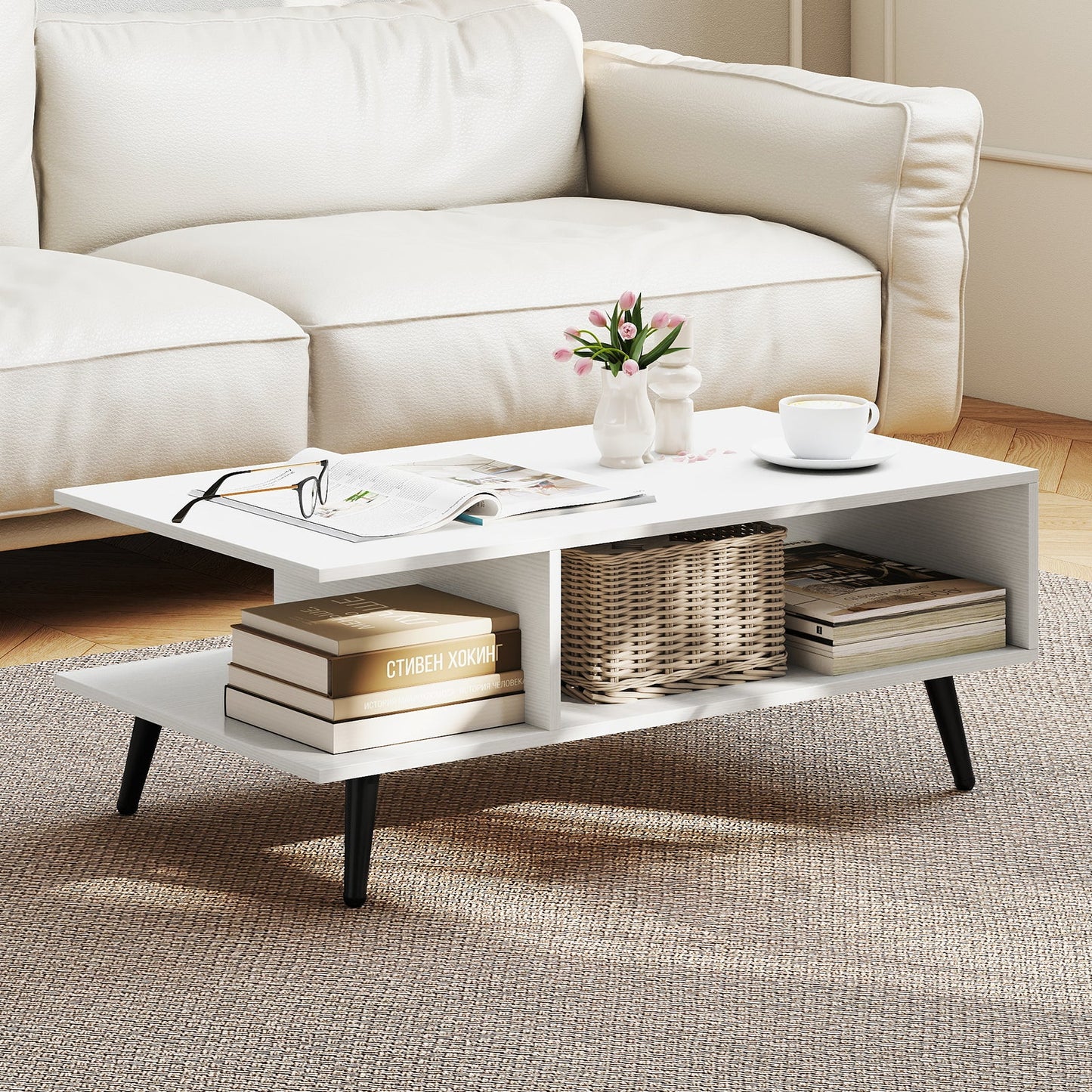 Mid Century Modern Rectangle Coffee Table 2-Tier Accent Table with 2 Open Compartments