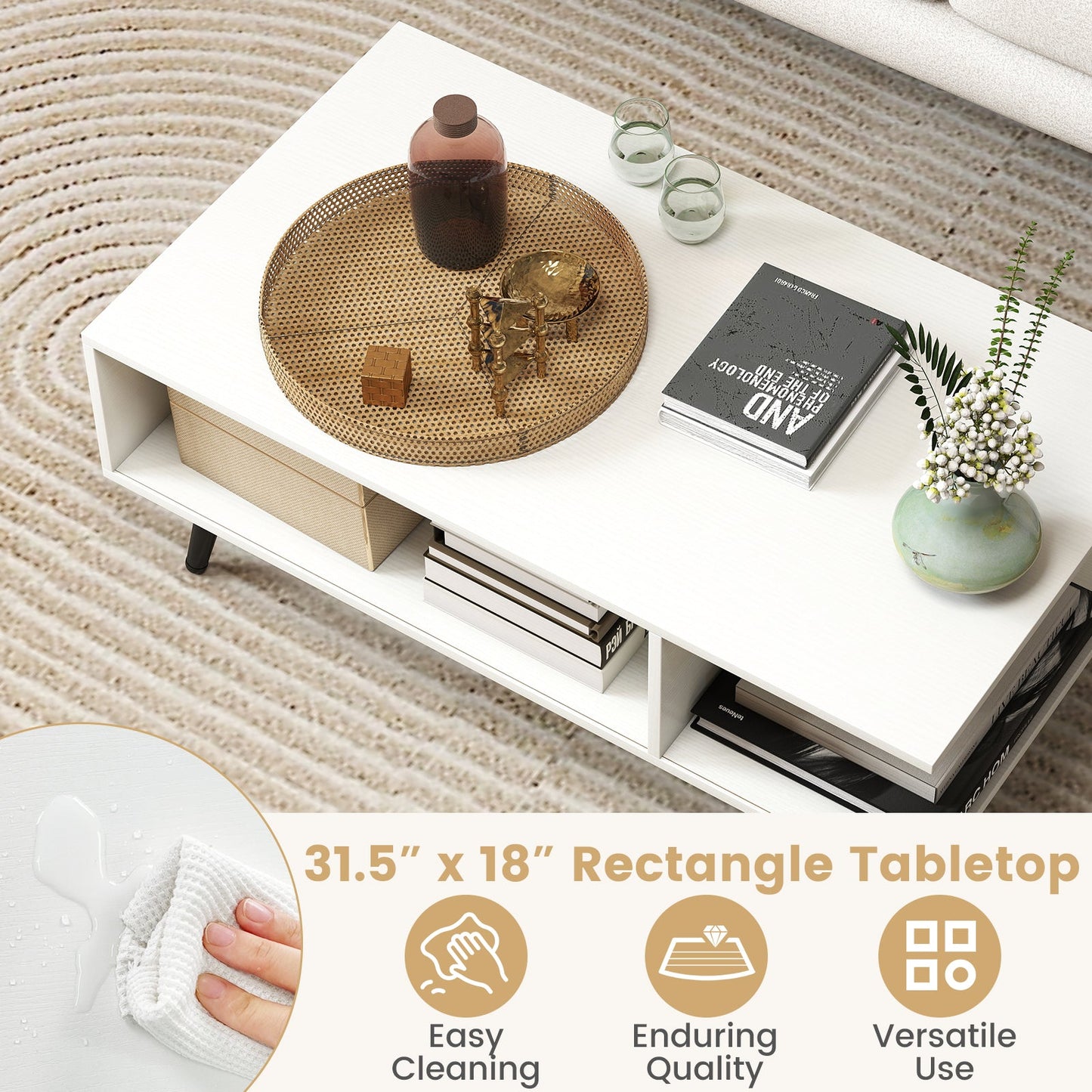 Mid Century Modern Rectangle Coffee Table 2-Tier Accent Table with 2 Open Compartments