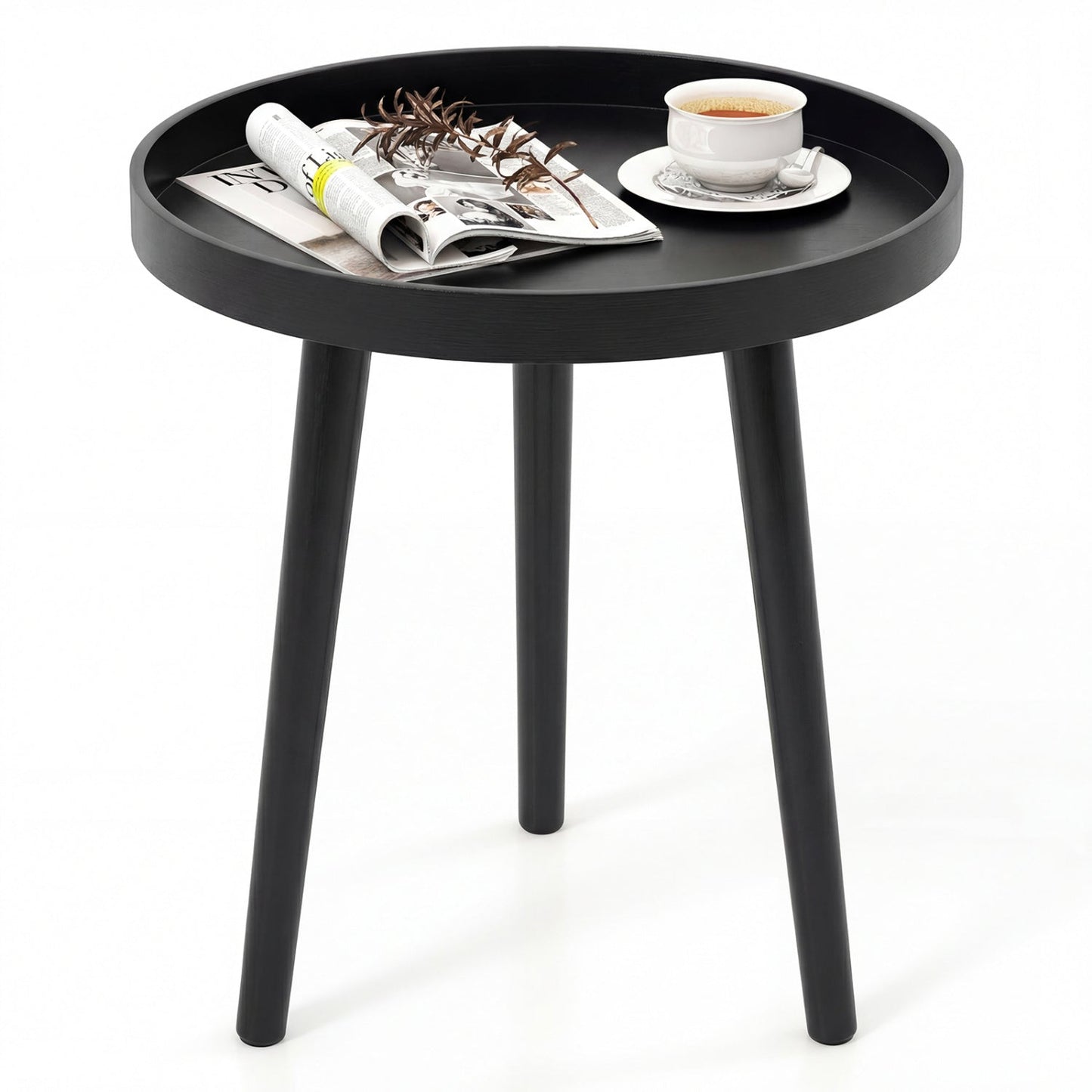 Mid Century Modern Round Side Sofa Coffee Table with Wooden Tray