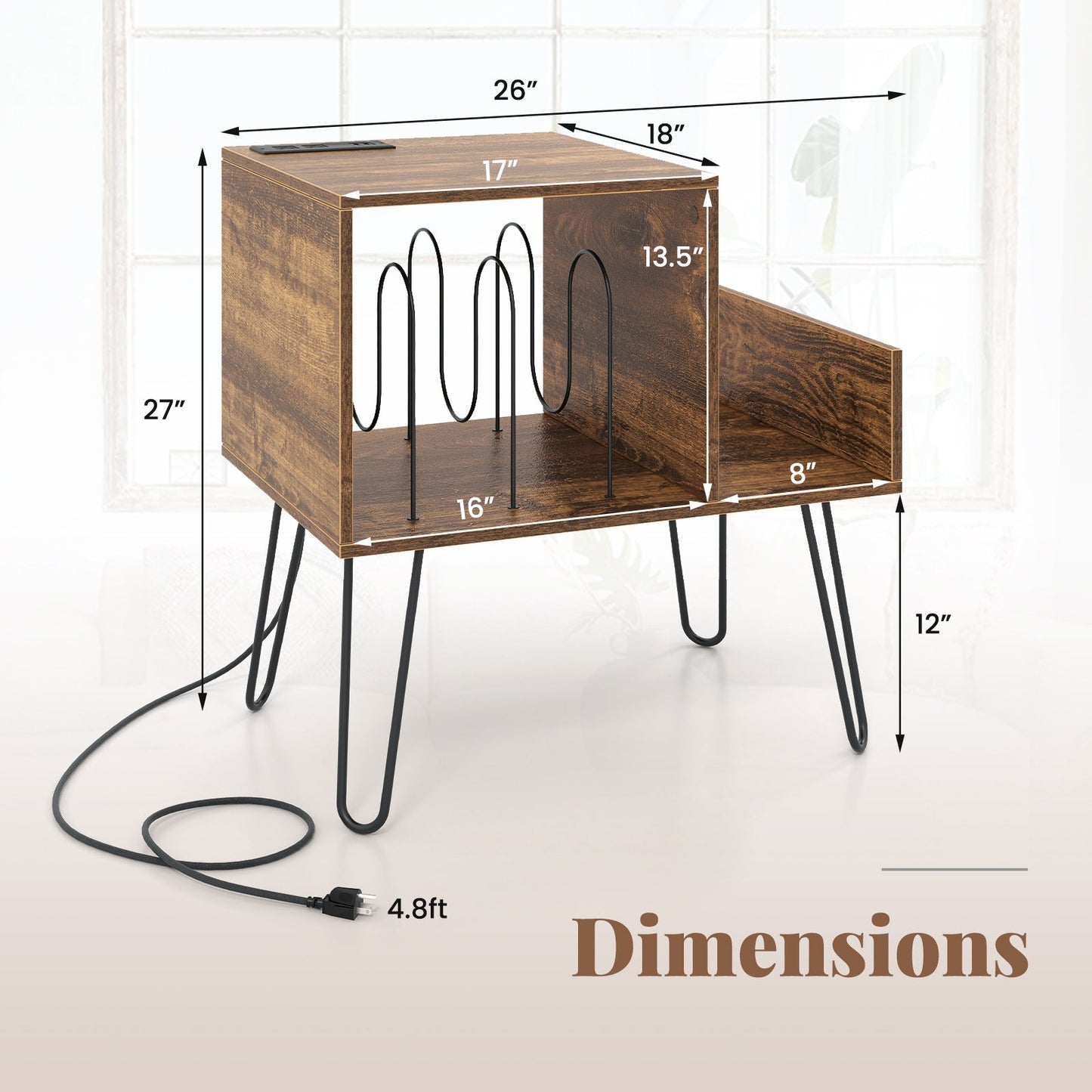 Mid-century Record Player Stand with Power Outlet and Vinyl Divider