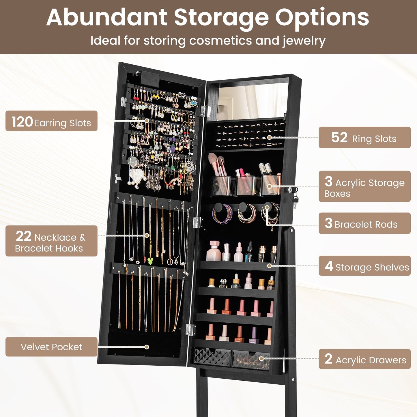 Mirror Jewelry Cabinet with 20 Warm Lights and 4 Tilt Angles