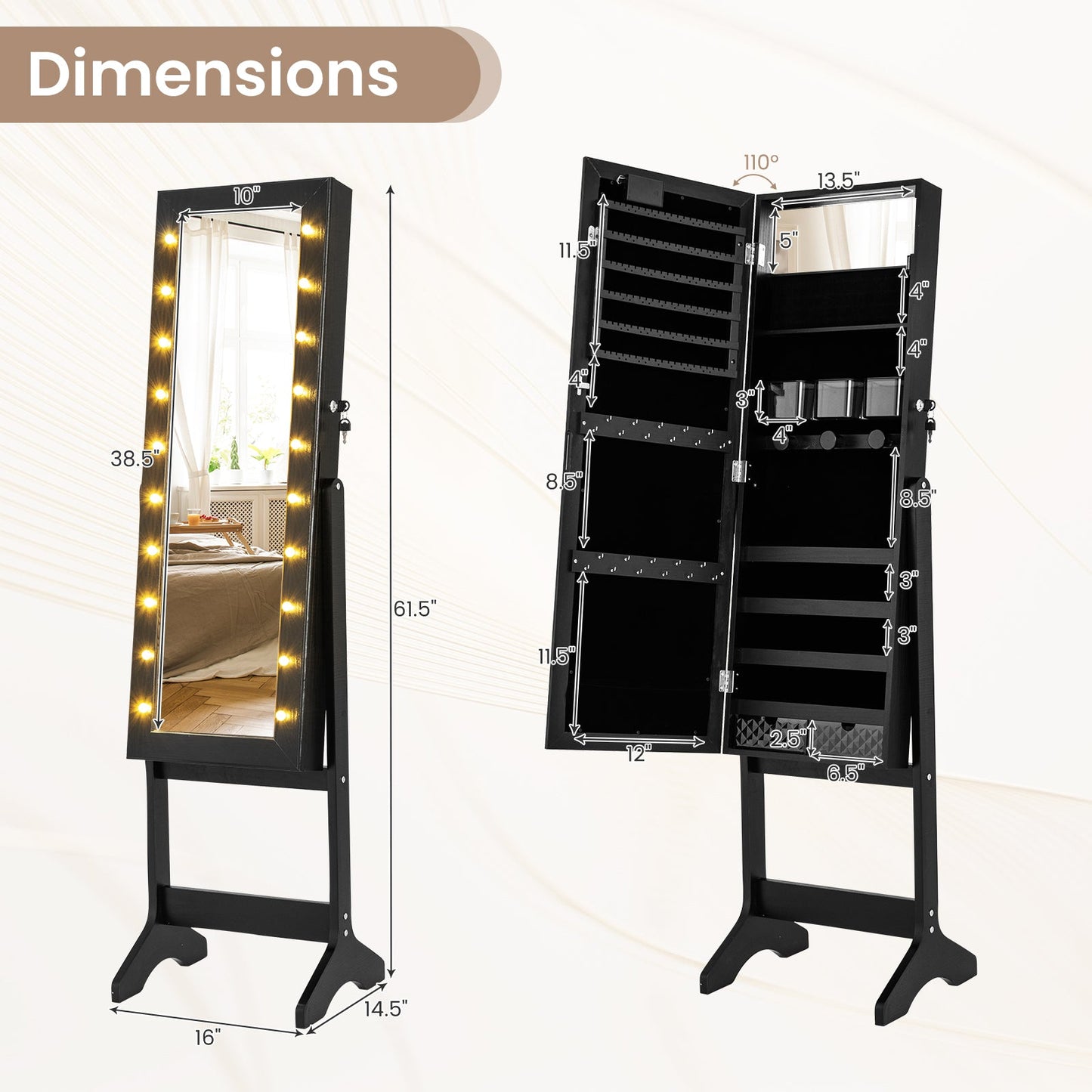 Mirror Jewelry Cabinet with 20 Warm Lights and 4 Tilt Angles
