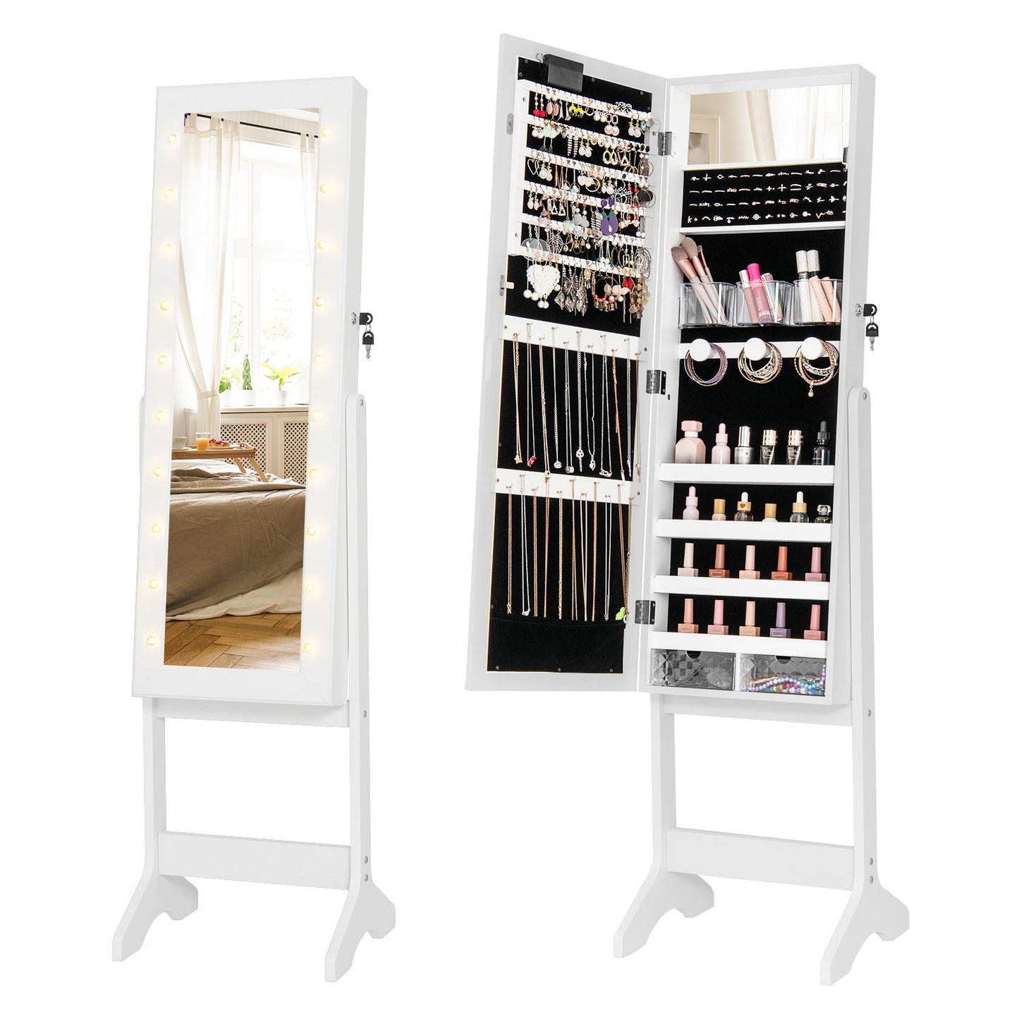 Mirror Jewelry Cabinet with 20 Warm Lights and 4 Tilt Angles