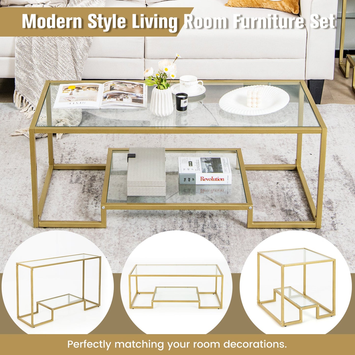 Modern 2-Tier Rectangular Coffee Table with Glass Table Top