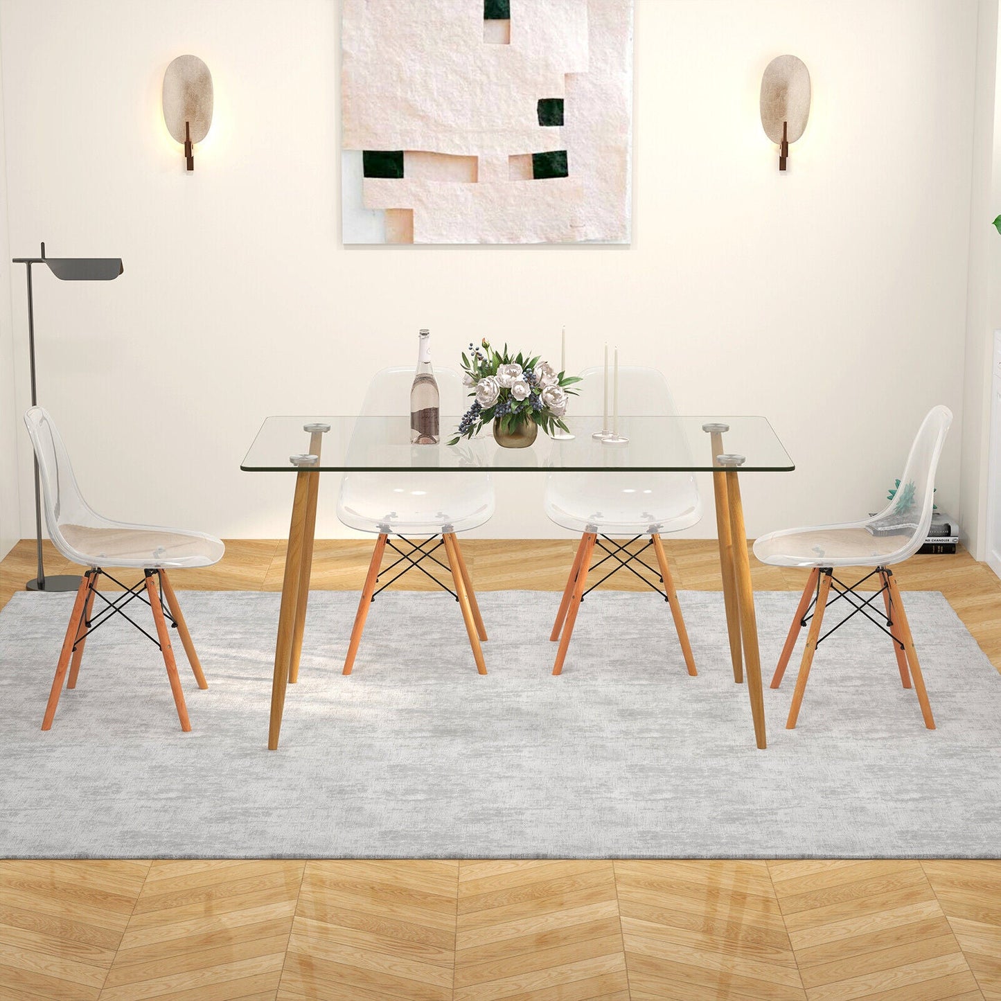 5 Pieces Rectangle Dining Table Set with 51 Inch Glass Tabletop