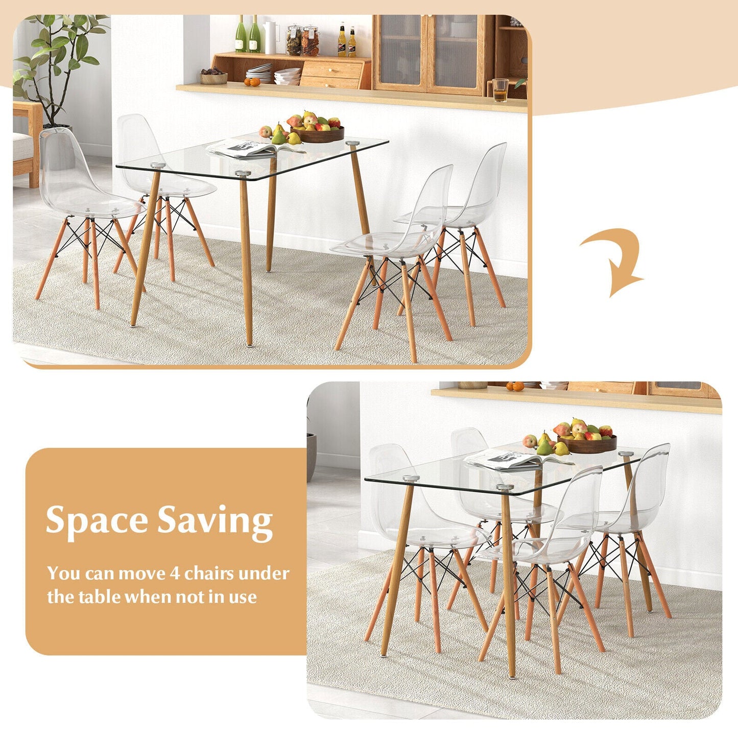 5 Pieces Rectangle Dining Table Set with 51 Inch Glass Tabletop