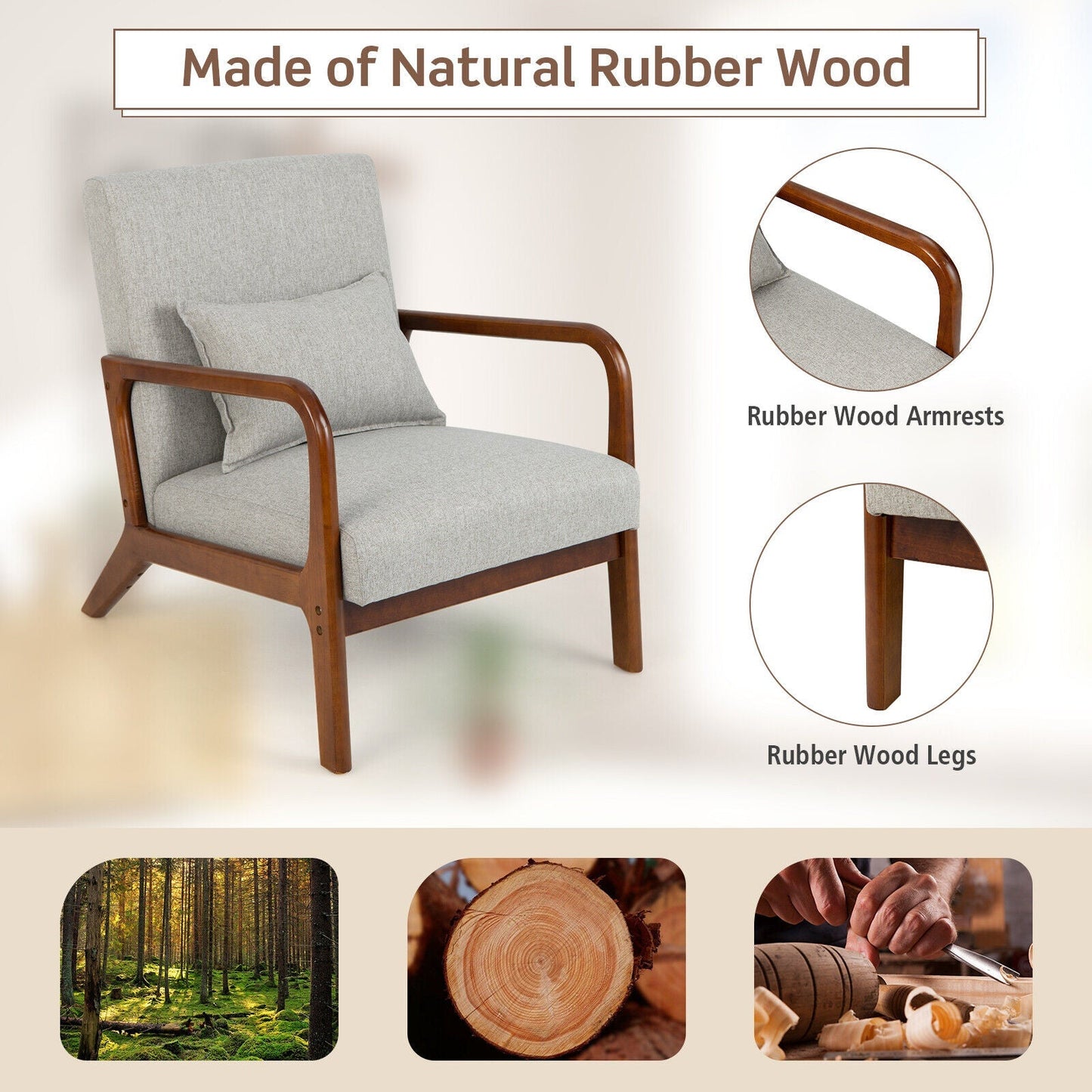 Modern Accent Chair with Rubber Wood Frame and Lumbar Pillow