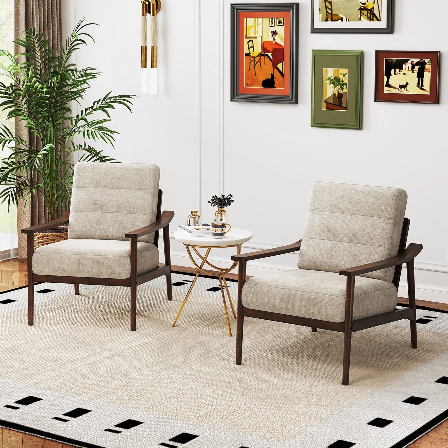 Modern Accent Chair with Rubber Wood Armrests and Legs for Living Room