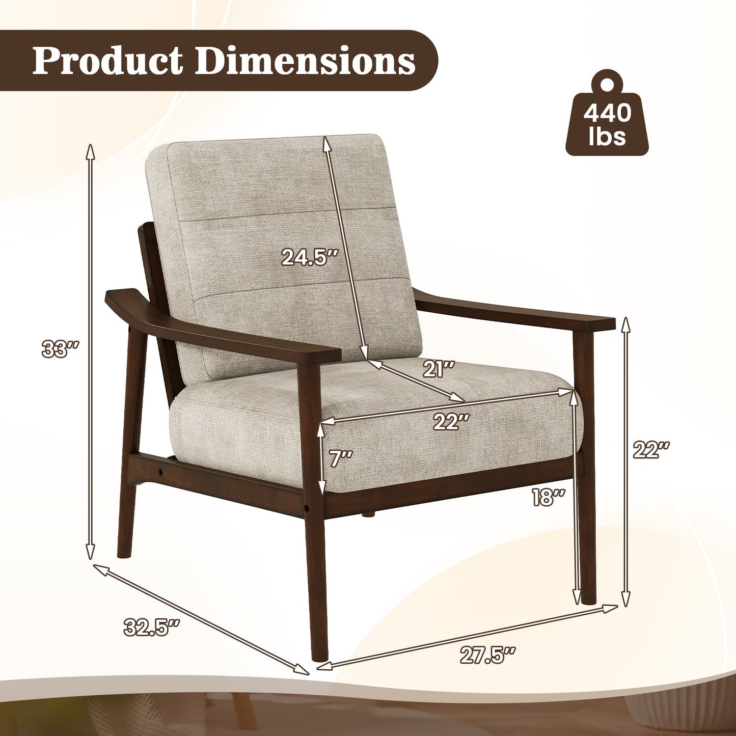Modern Accent Chair with Rubber Wood Armrests and Legs for Living Room