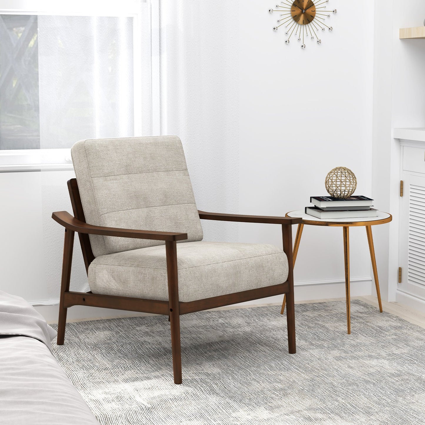 Modern Accent Chair with Rubber Wood Armrests and Legs for Living Room