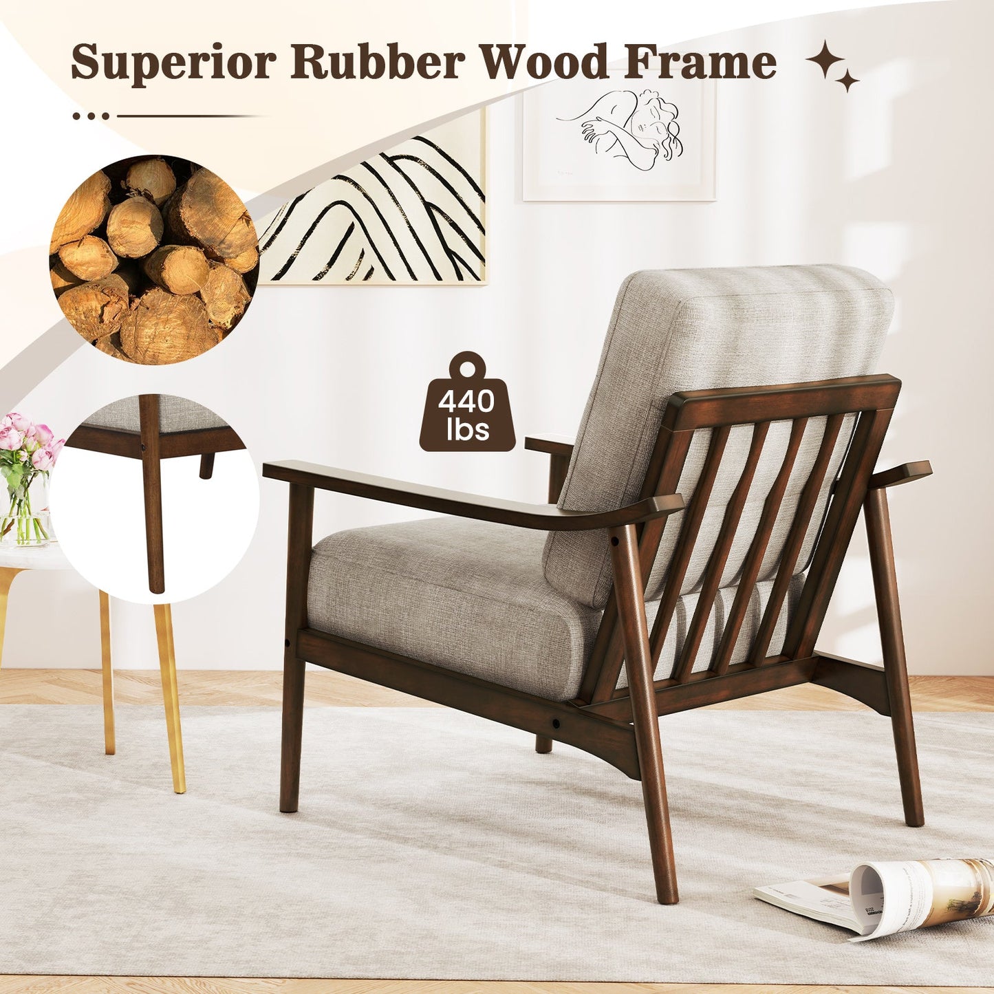 Modern Accent Chair with Rubber Wood Armrests and Legs for Living Room