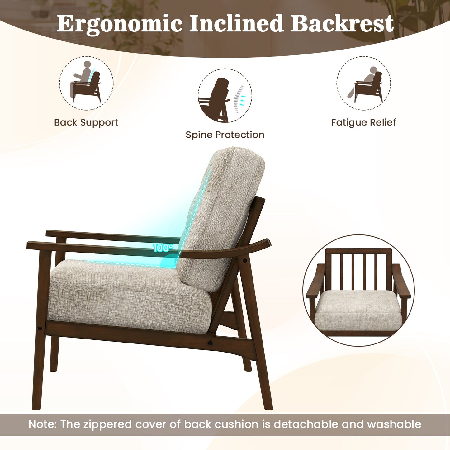 Modern Accent Chair with Rubber Wood Armrests and Legs for Living Room