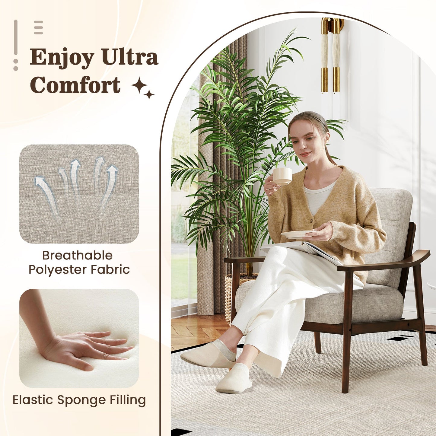 Modern Accent Chair with Rubber Wood Armrests and Legs for Living Room