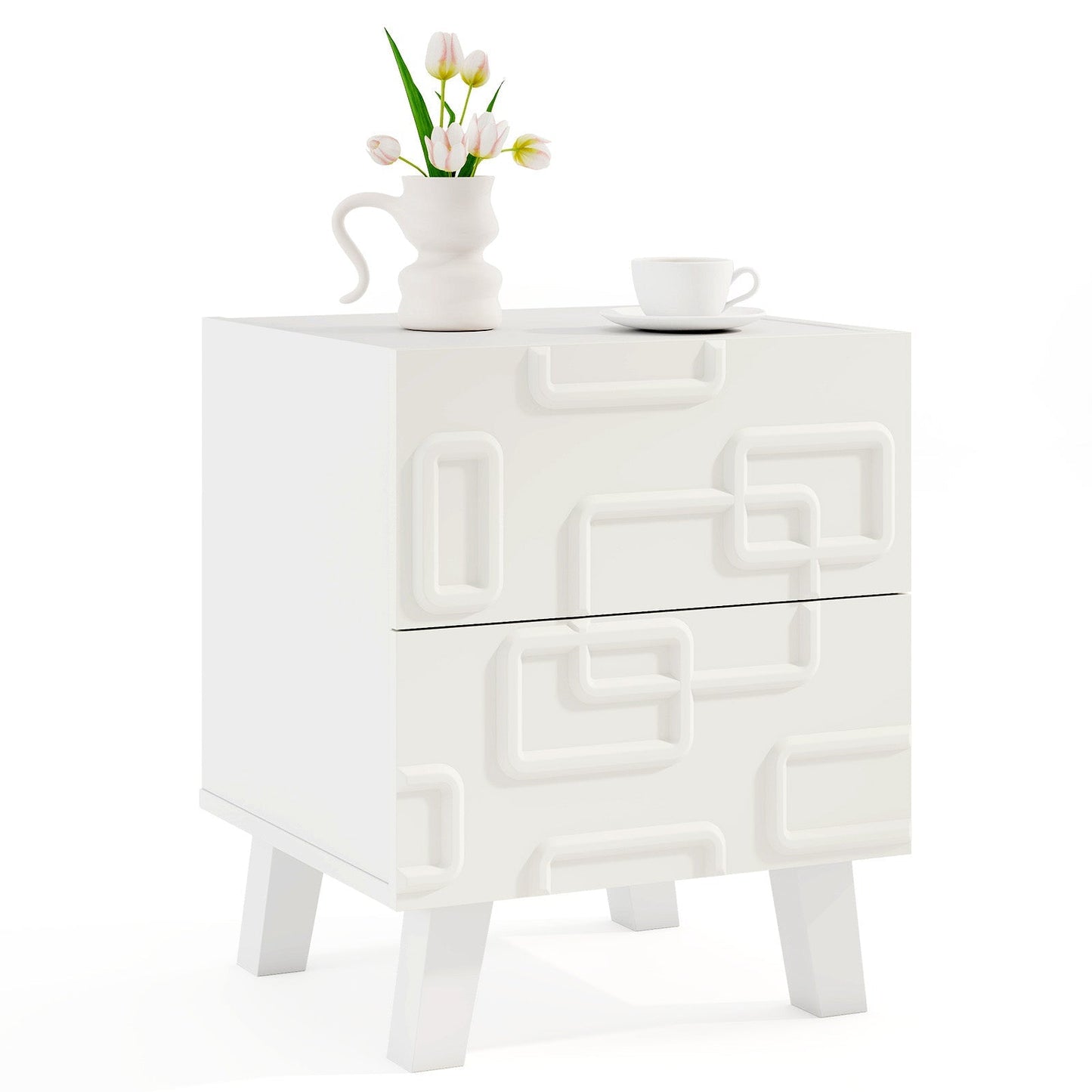 Modern Nightstand Side Table with Drawers and 3D Geometric Patterns-White
