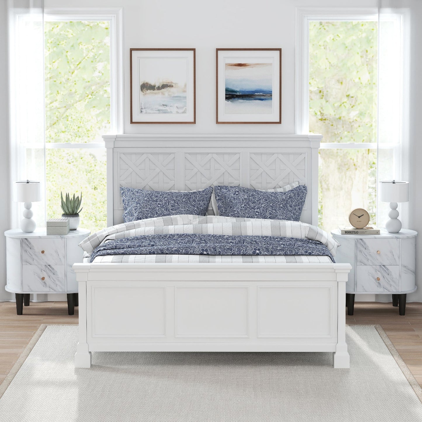 2-Drawer Nightstand Modern Faux Marble Bedside Table with Storage-White