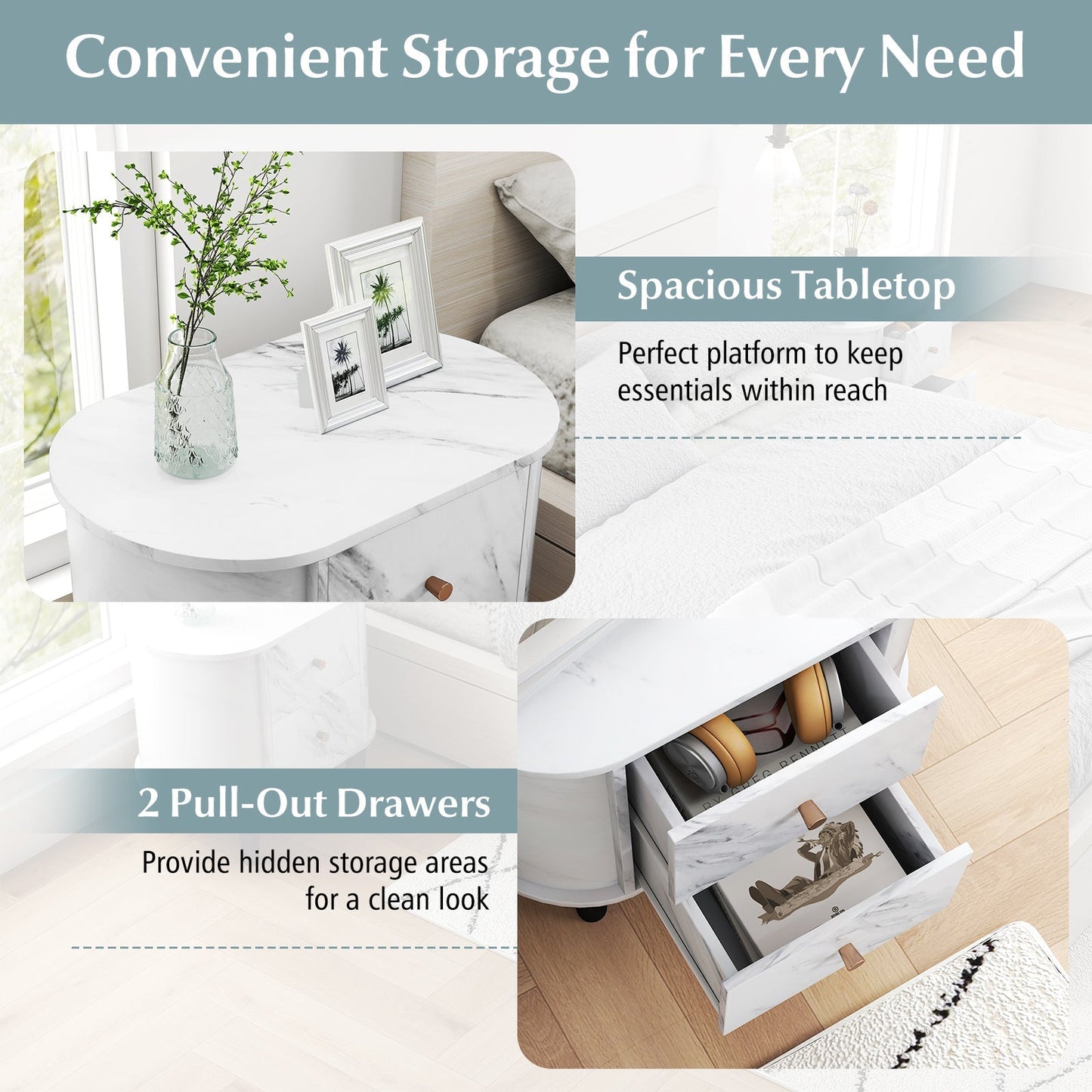 2-Drawer Nightstand Modern Faux Marble Bedside Table with Storage-White