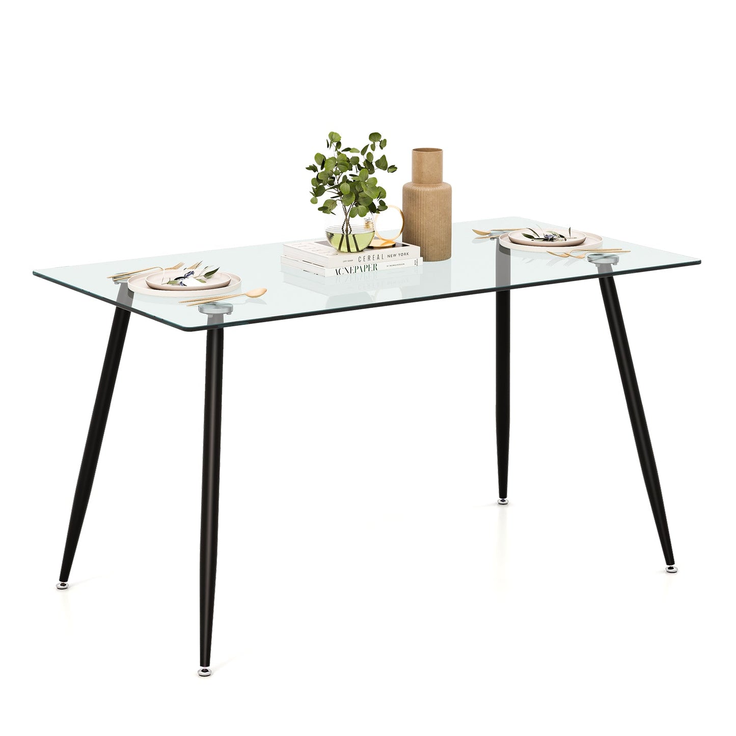Modern Glass Rectangular Dining Table with Metal Legs