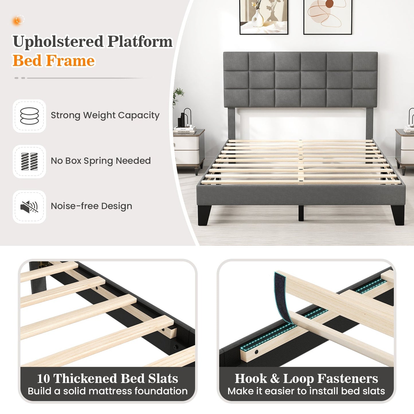 Queen Size Modern Linen Bed Frame with Adjustable Headboard-Gray