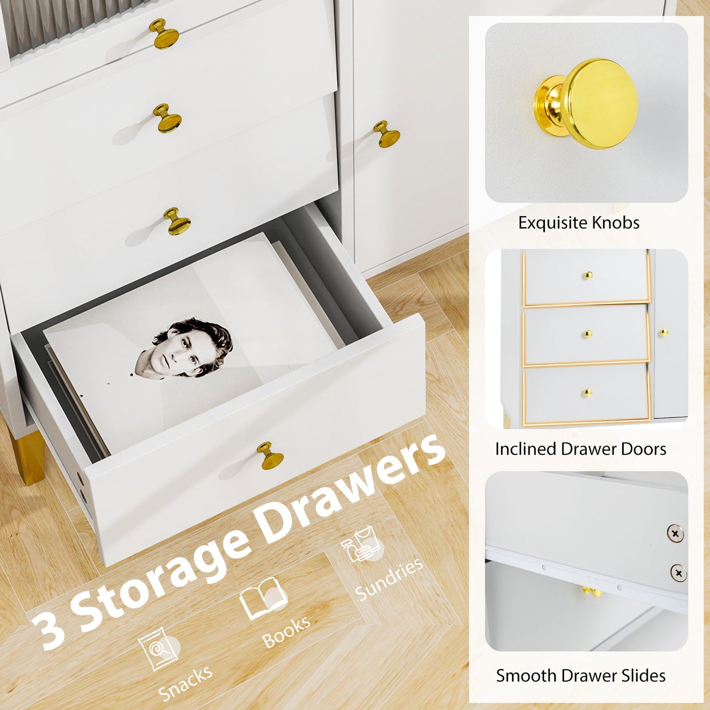 Chest of Drawers with Flip Up Fluted Glass Door for Bedroom Kitchen-Gray